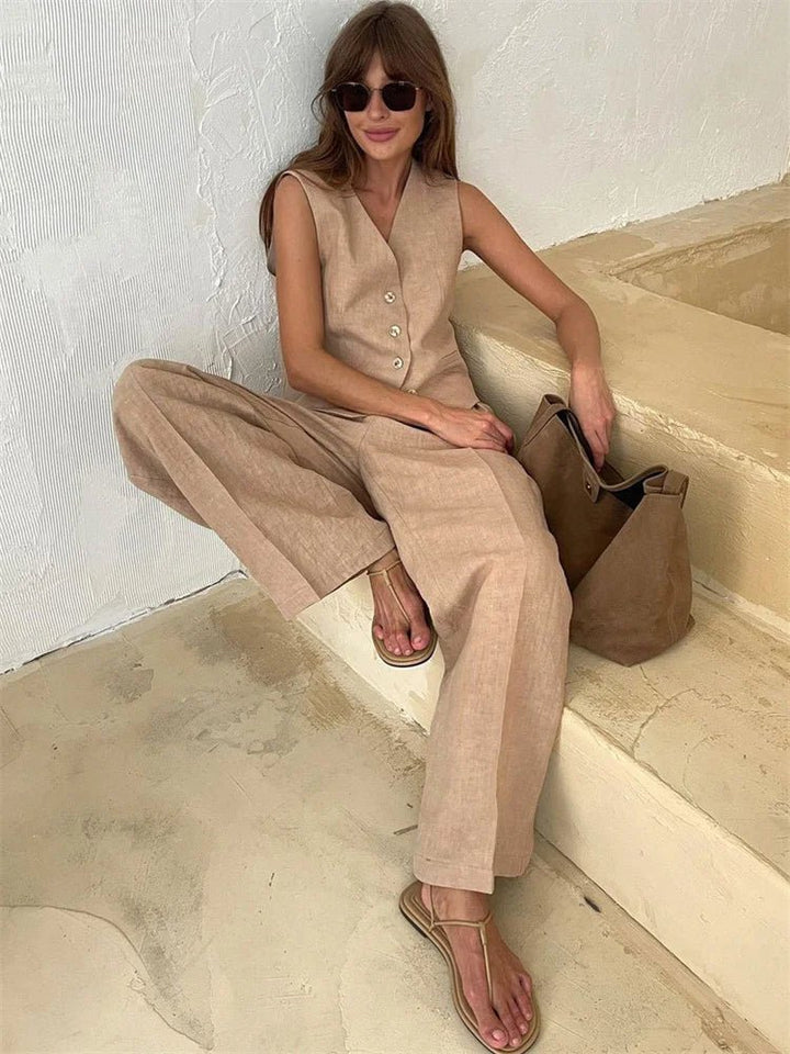 Women's Linen-Blend Buttoned Vest Wide-Leg Pleated Pants Two-Piece Set - Beige