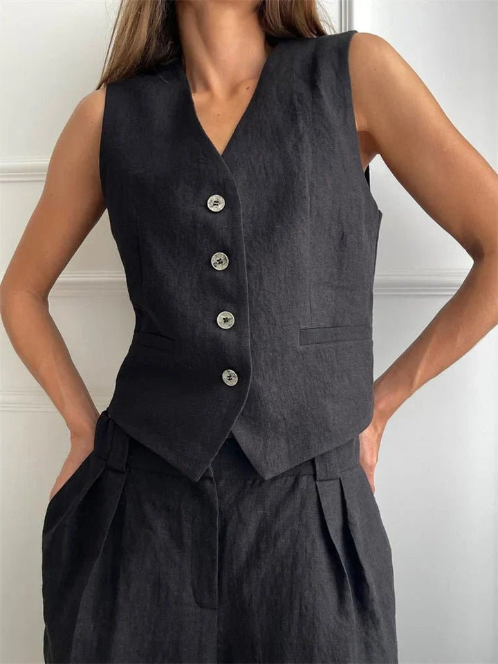 Women's Linen-Blend Buttoned Vest Wide-Leg Pleated Pants Two-Piece Set - Black