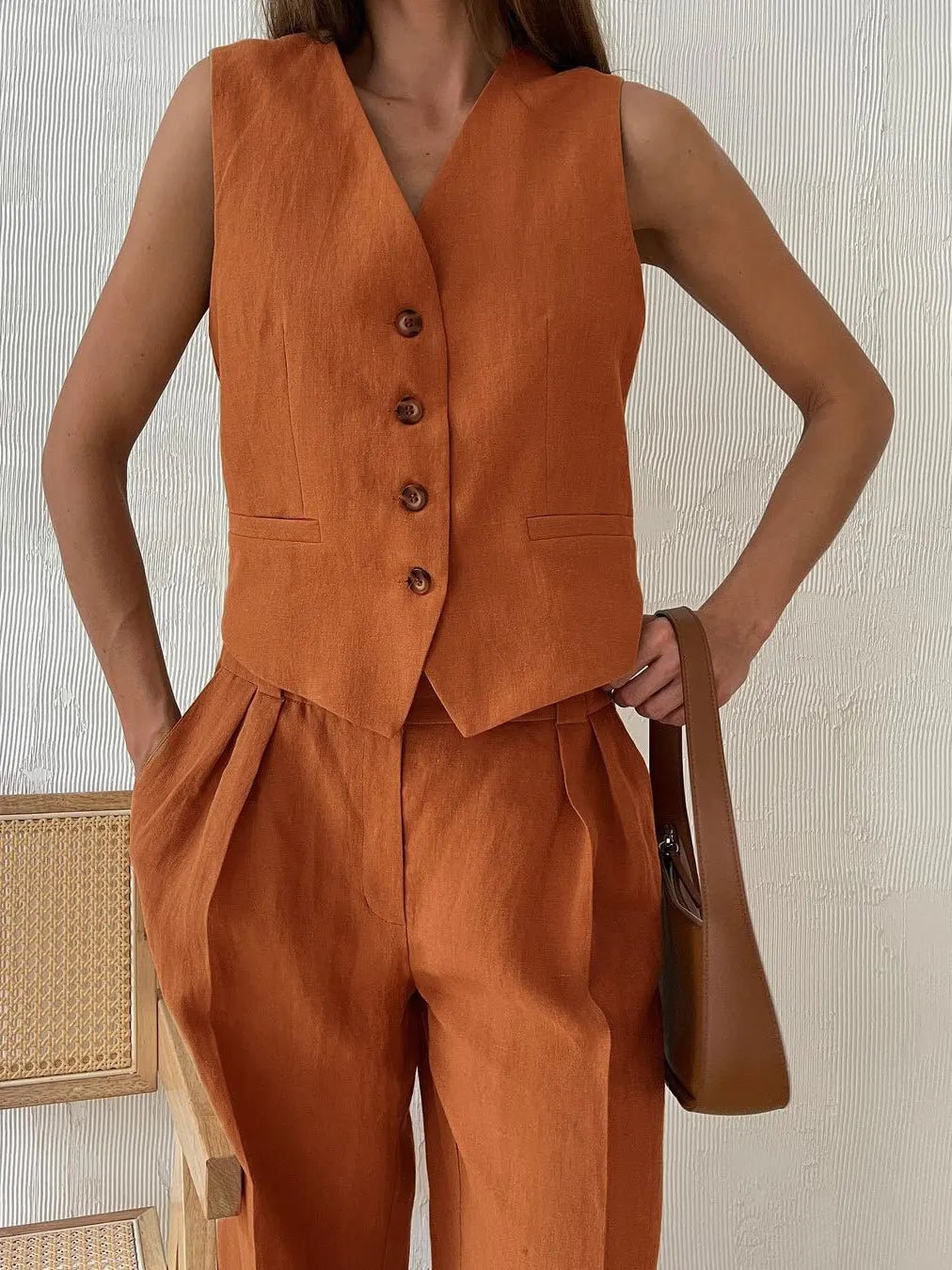 Women's Linen-Blend Buttoned Vest Wide-Leg Pleated Pants Two-Piece Set