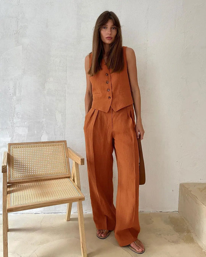 Women's Linen-Blend Buttoned Vest Wide-Leg Pleated Pants Two-Piece Set