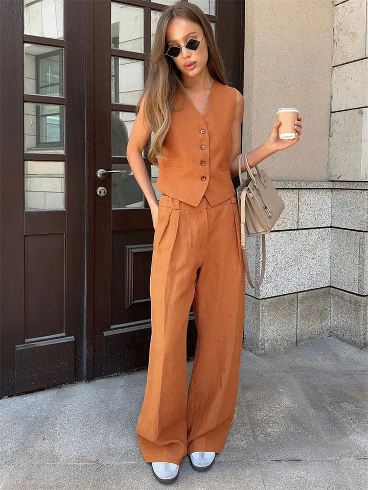 Women's Linen-Blend Buttoned Vest Wide-Leg Pleated Pants Two-Piece Set