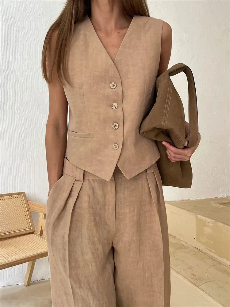 Women's Linen-Blend Buttoned Vest Wide-Leg Pleated Pants Two-Piece Set