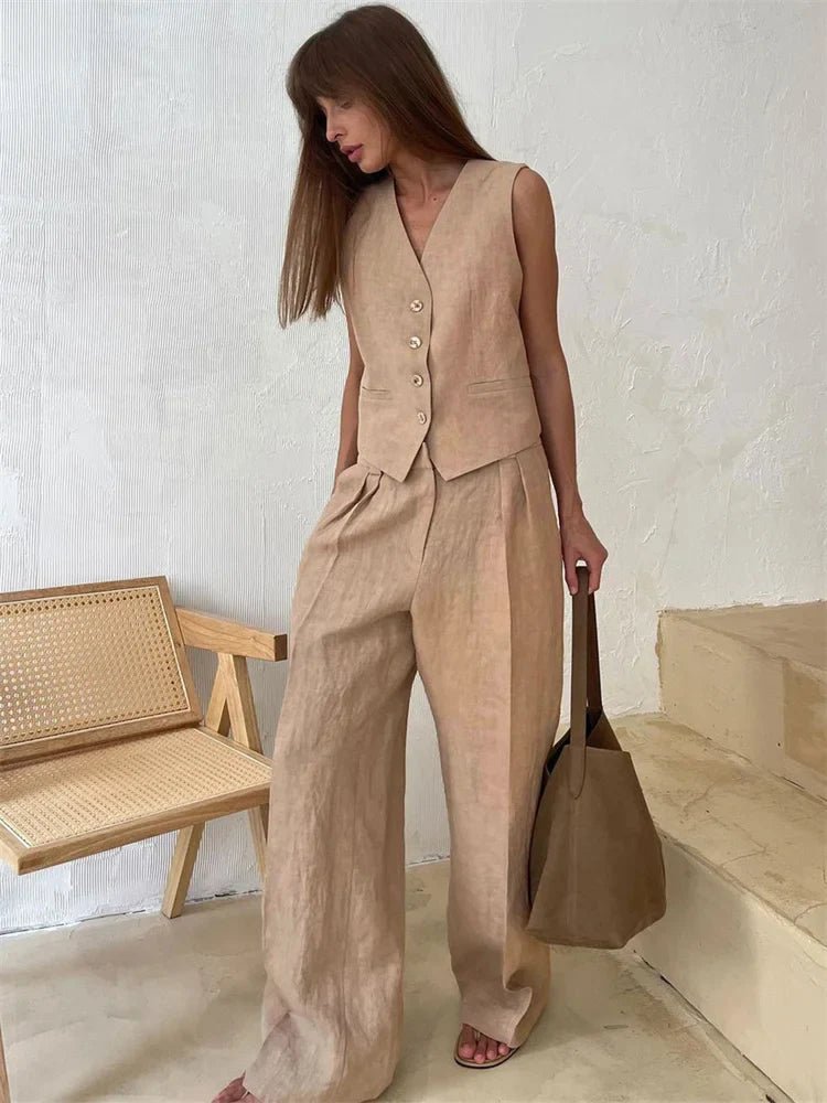 Women's Linen-Blend Buttoned Vest Wide-Leg Pleated Pants Two-Piece Set