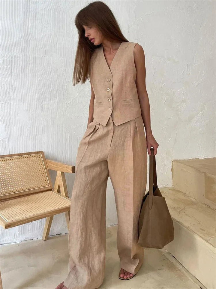 Women's Linen-Blend Buttoned Vest Wide-Leg Pleated Pants Two-Piece Set