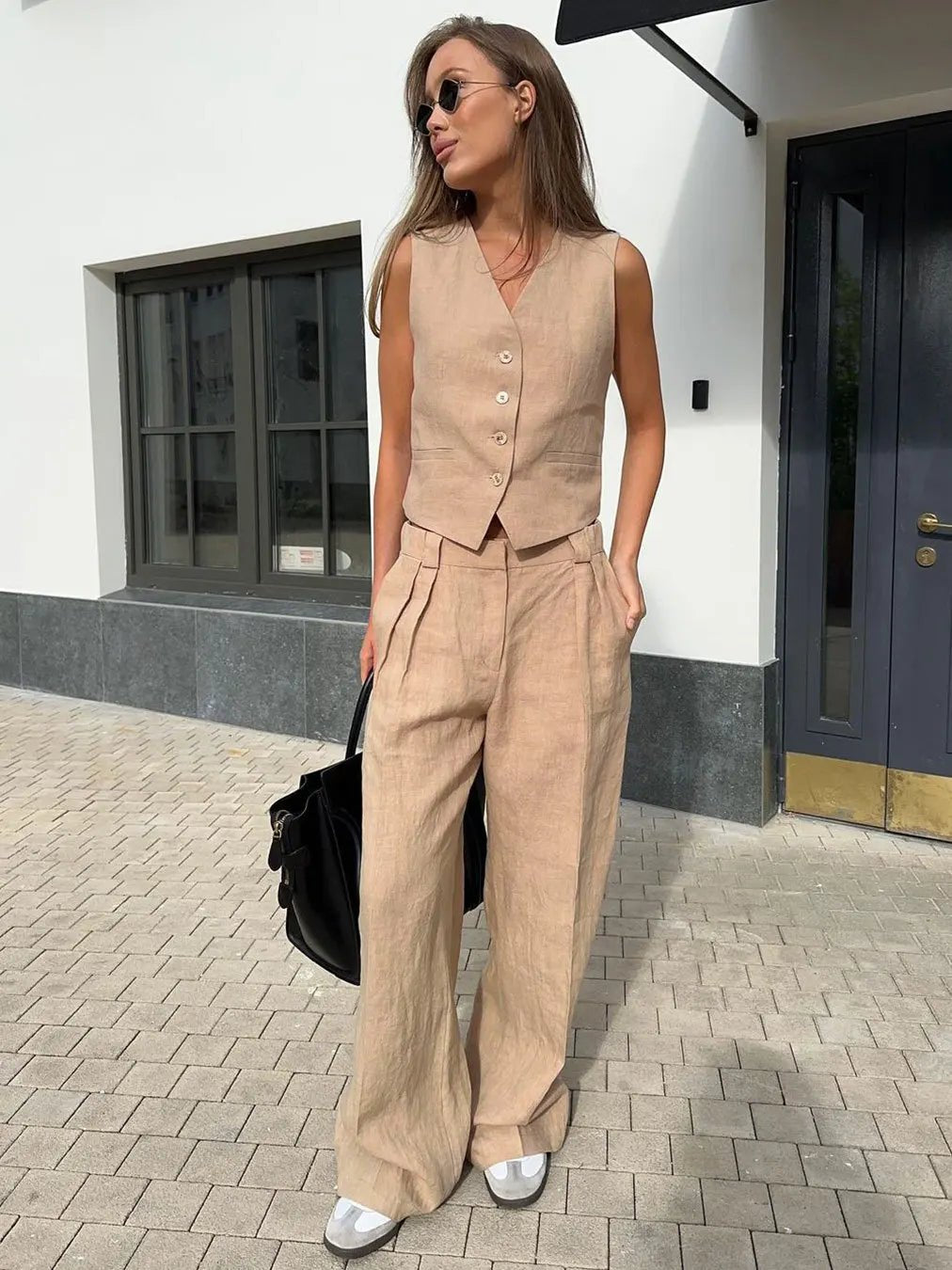 Women's Linen-Blend Buttoned Vest Wide-Leg Pleated Pants Two-Piece Set