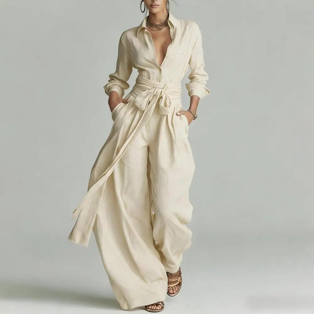 Women's Linen High-Waist Wide-Leg Pants Open-Collar Shirt Co-Ord Set - Apricot