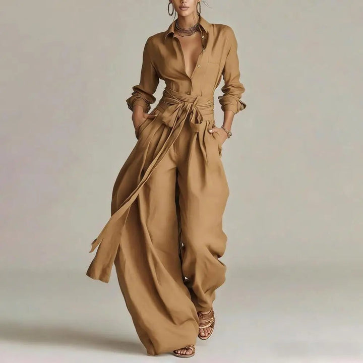 Women's Linen High-Waist Wide-Leg Pants Open-Collar Shirt Co-Ord Set - Khaki