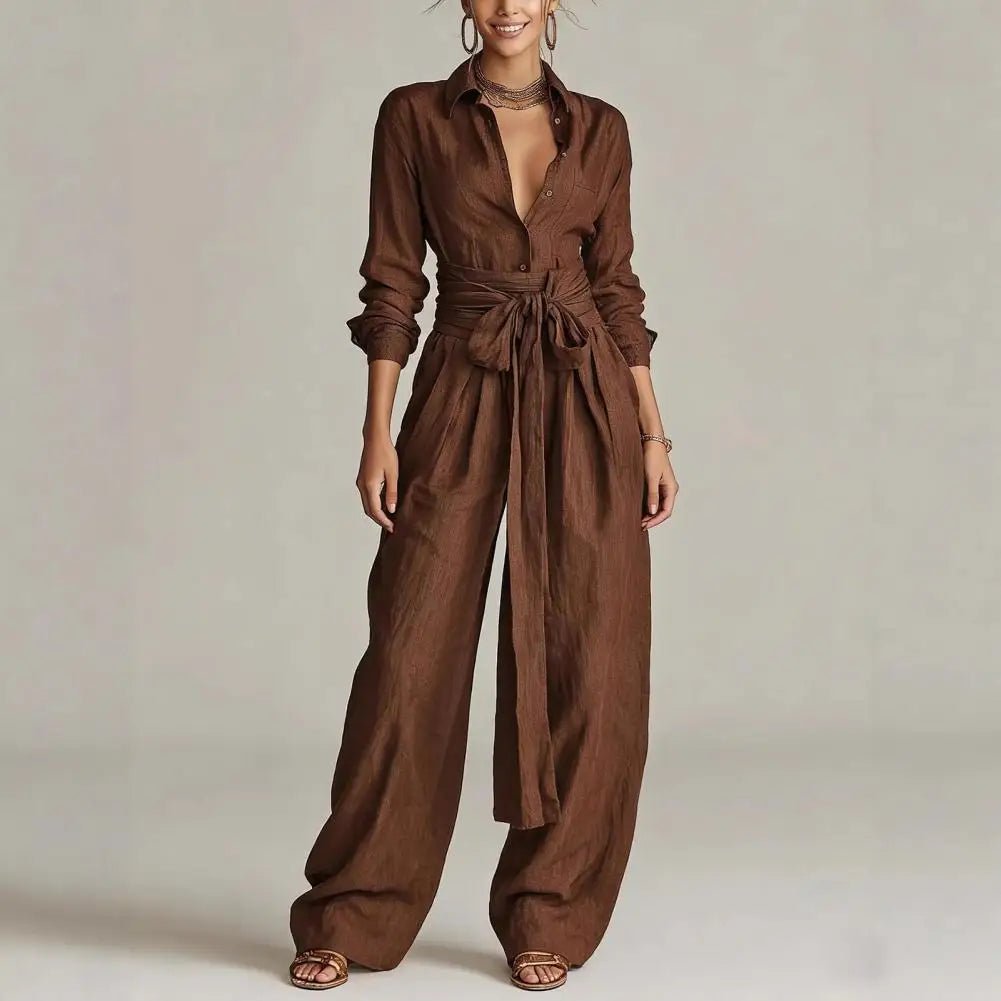 Women's Linen High-Waist Wide-Leg Pants Open-Collar Shirt Co-Ord Set - Coffee
