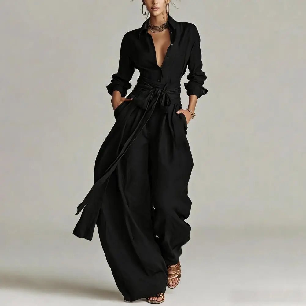 Women's Linen High-Waist Wide-Leg Pants Open-Collar Shirt Co-Ord Set - Black