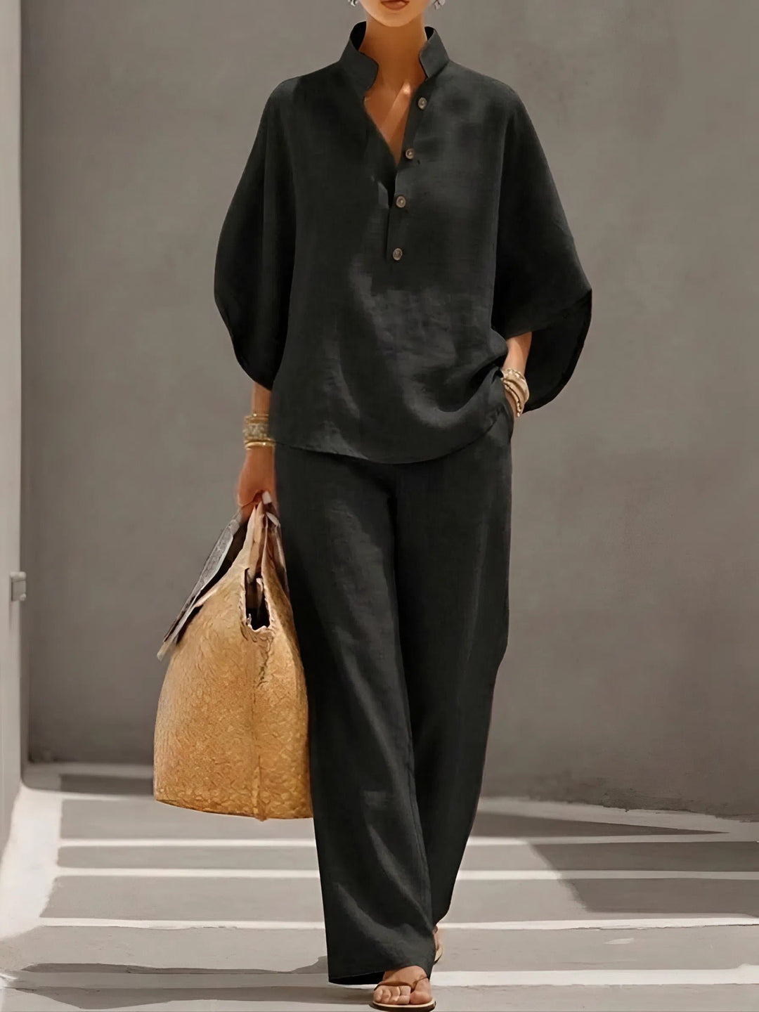 Women's Linen Kimono-Sleeve Mandarin Collar Top Wide-Leg Pants Set - Black