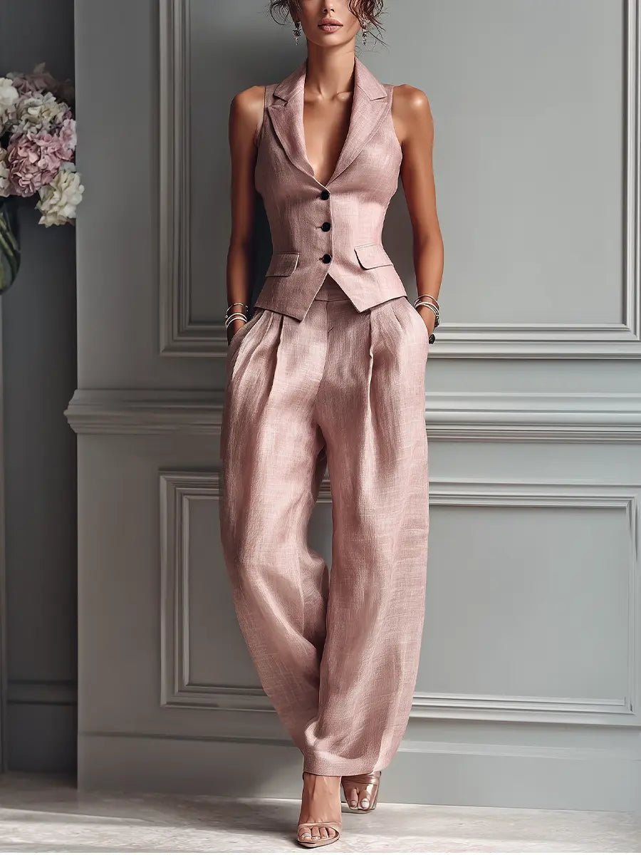 Women's Linen-Style Lapel Vest Wide-Leg Pants Two-Piece Set - Light Pink