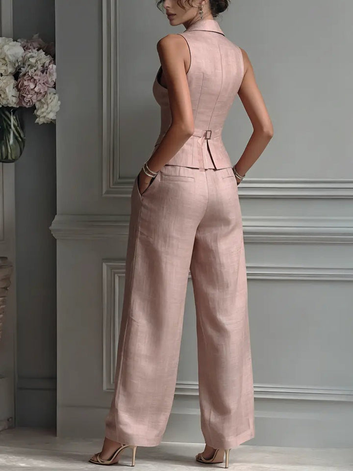 Women's Linen-Style Lapel Vest Wide-Leg Pants Two-Piece Set