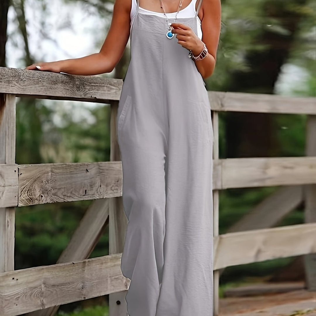 Women's Linen Wide Leg Pants Sleeveless Bib Overall Jumpsuit - Silvery Gray