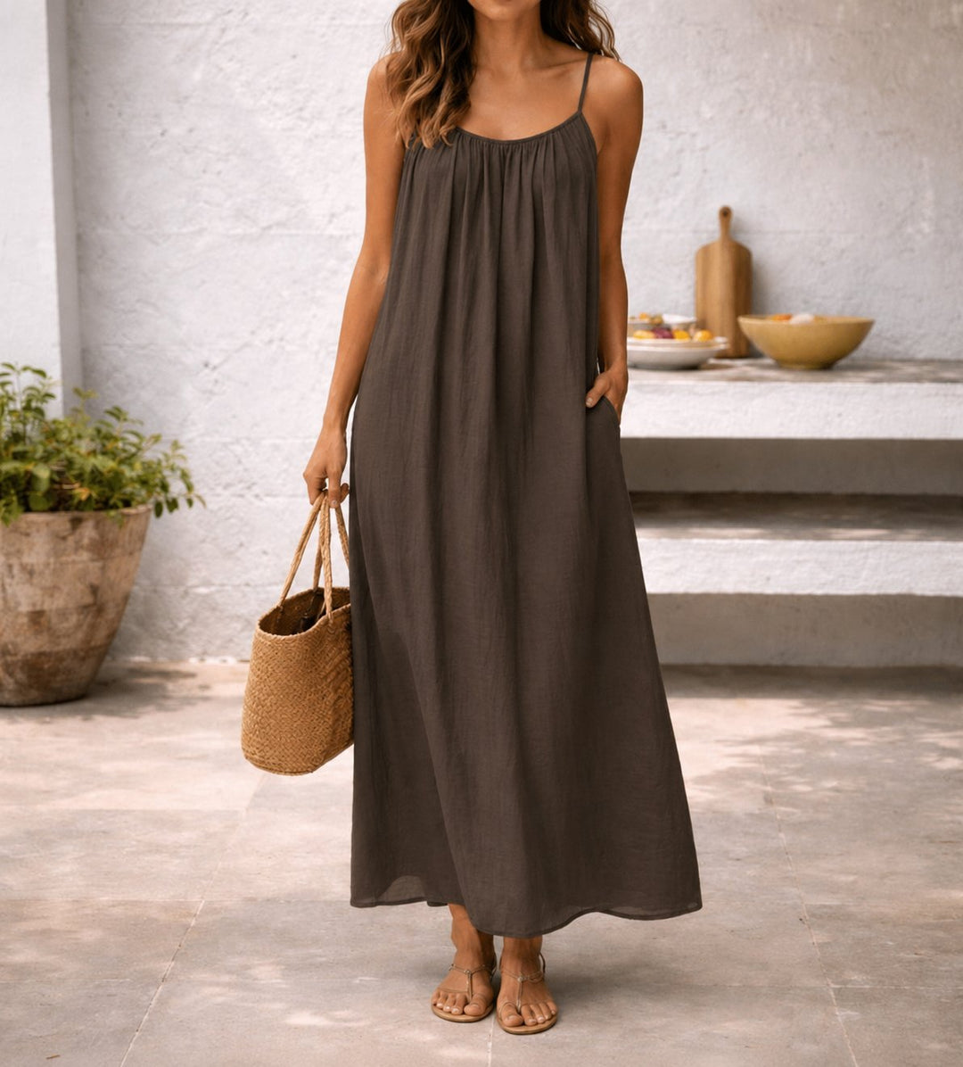 Women's Loose-Fit Spaghetti-Strap Flowy Maxi Dress Pockets - Braun