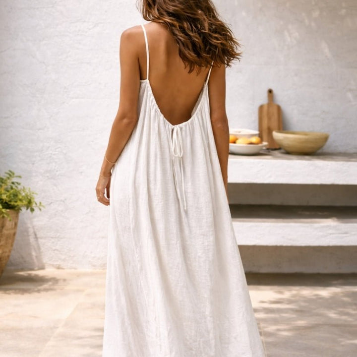 Women's Loose-Fit Spaghetti-Strap Flowy Maxi Dress Pockets - Weiß