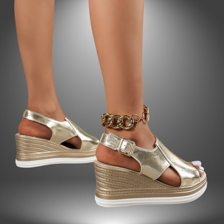 Women's Metallic Open-Toe Platform Wedge Sandals Gold Chain Ankle Strap