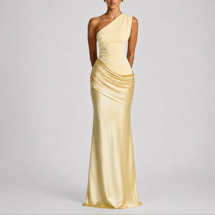 Women's One Shoulder Draped Satin Maxi Fall Wedding Guest Dress - Yellow
