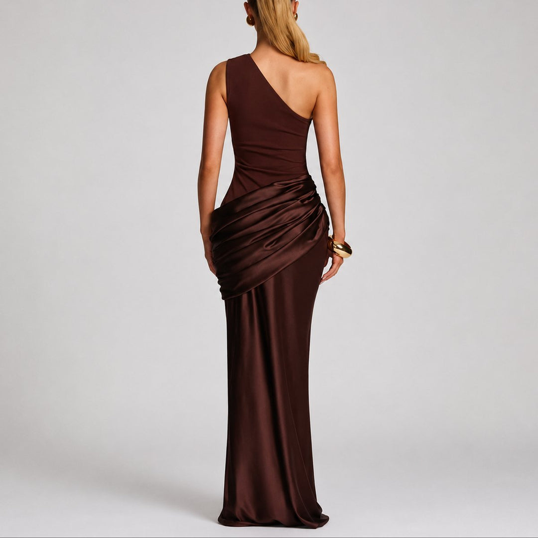 Women's One Shoulder Draped Satin Maxi Fall Wedding Guest Dress