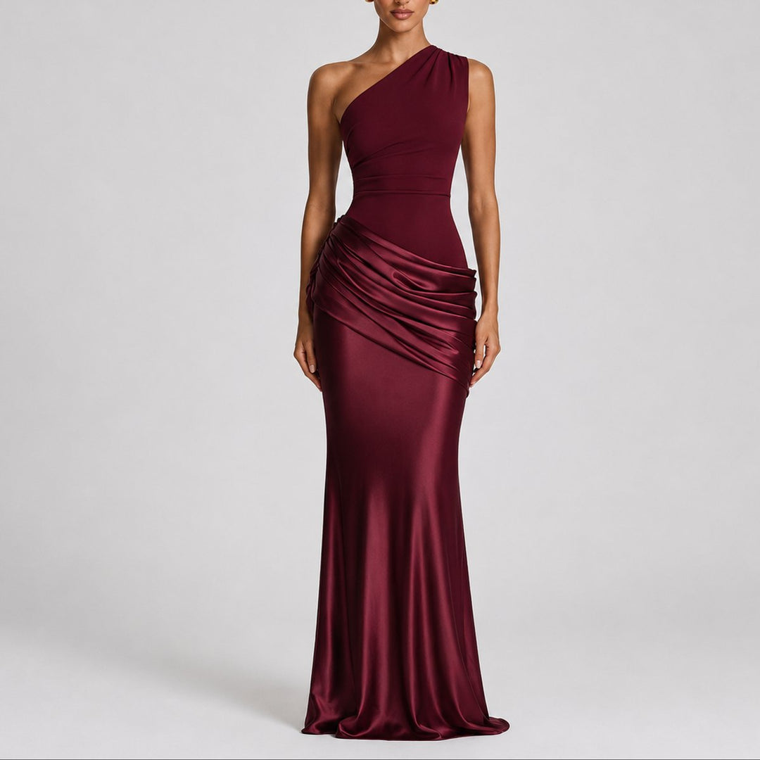 Women's One Shoulder Draped Satin Maxi Fall Wedding Guest Dress - Red