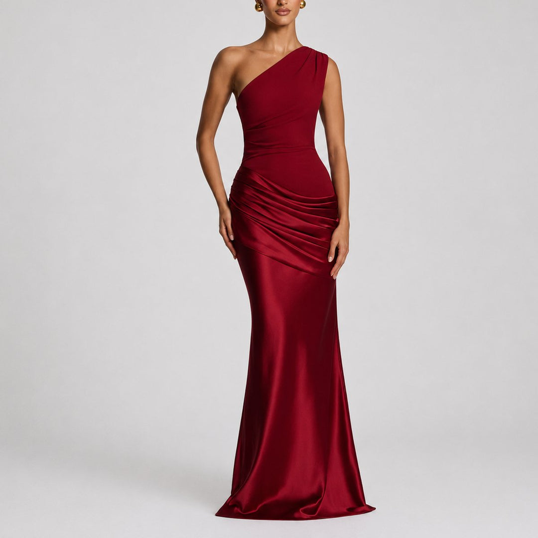 Women's One Shoulder Draped Satin Maxi Fall Wedding Guest Dress