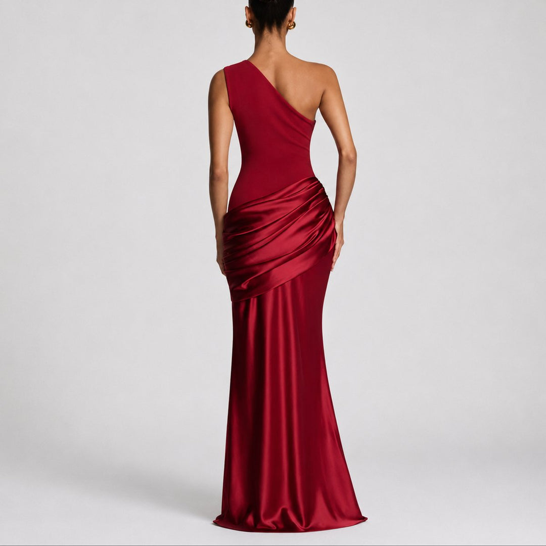 Women's One Shoulder Draped Satin Maxi Fall Wedding Guest Dress