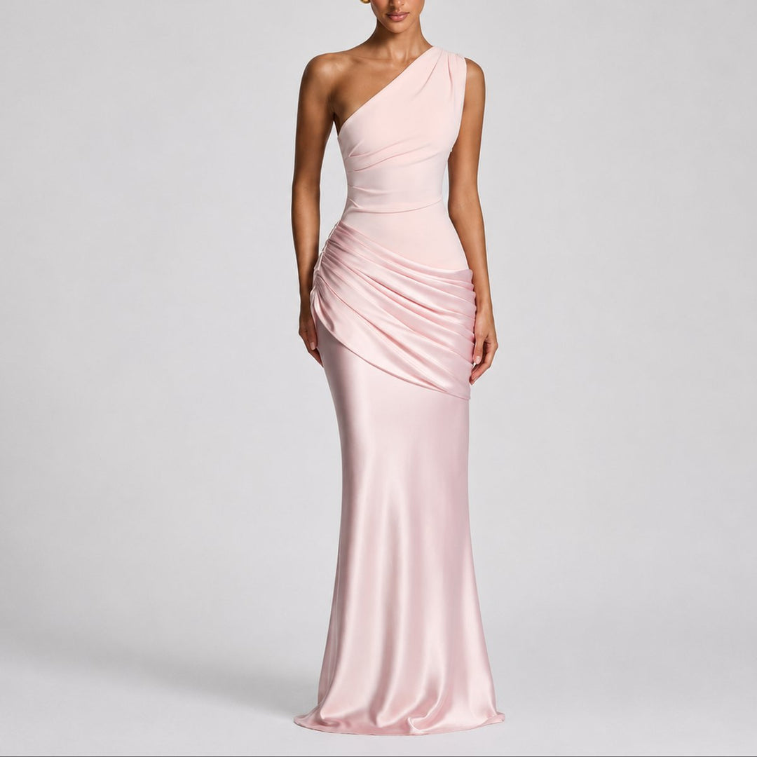 Women's One Shoulder Draped Satin Maxi Fall Wedding Guest Dress - Pink