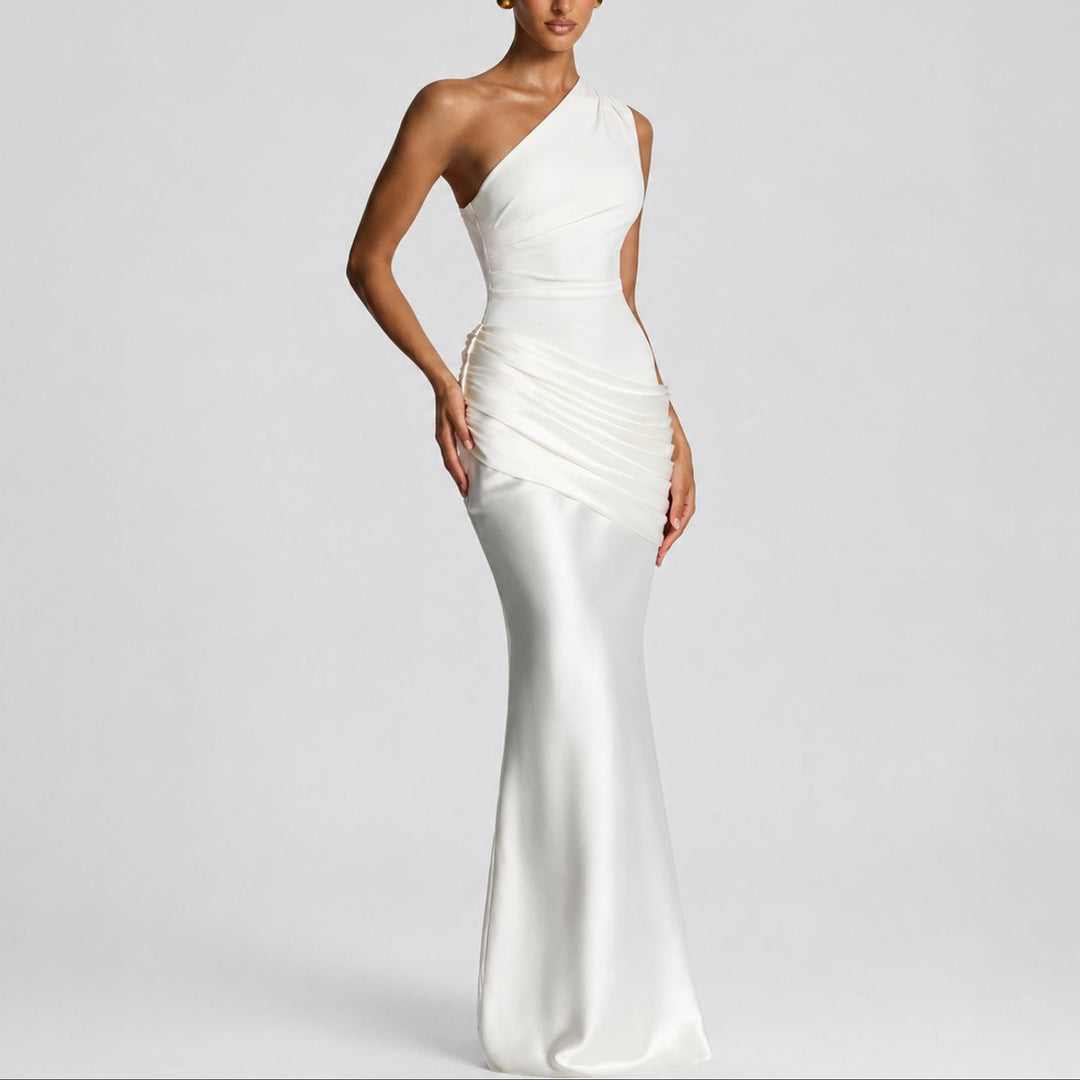 Women's One Shoulder Draped Satin Maxi Fall Wedding Guest Dress - White