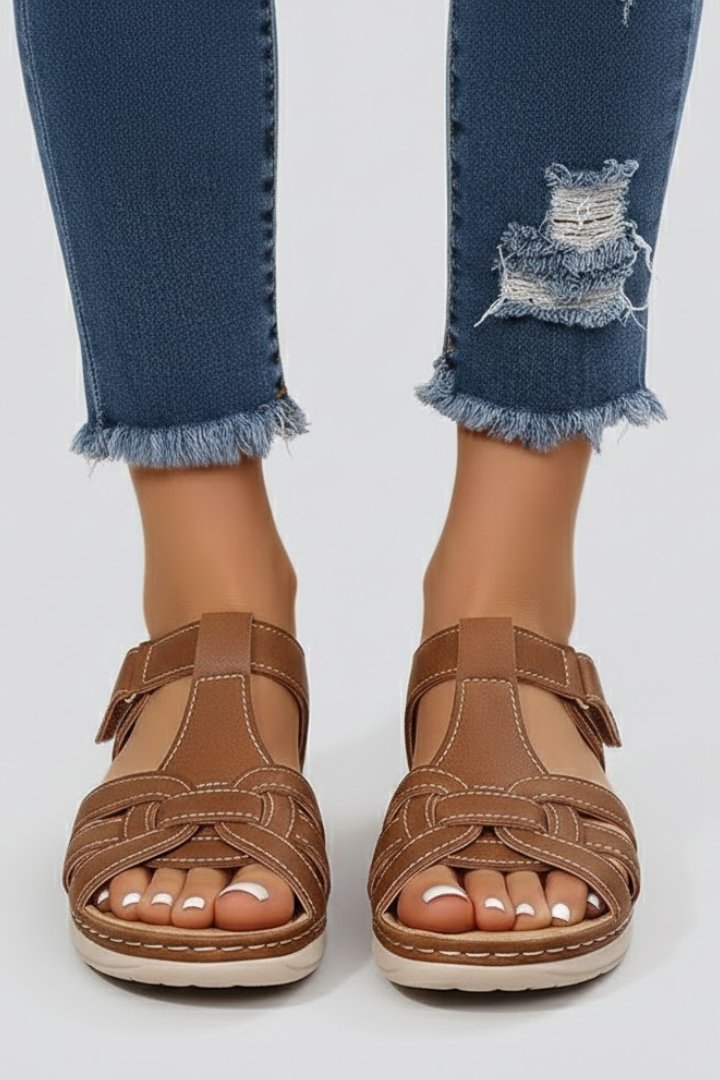 Women's Open-Toe Woven-Strap Velcro Flat Sandals - Brown