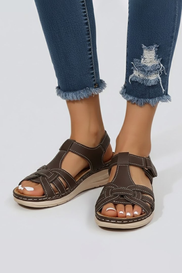 Women's Open-Toe Woven-Strap Velcro Flat Sandals - Dark Brown