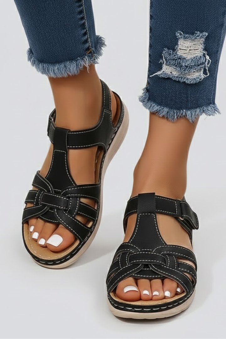 Women's Open-Toe Woven-Strap Velcro Flat Sandals - Black
