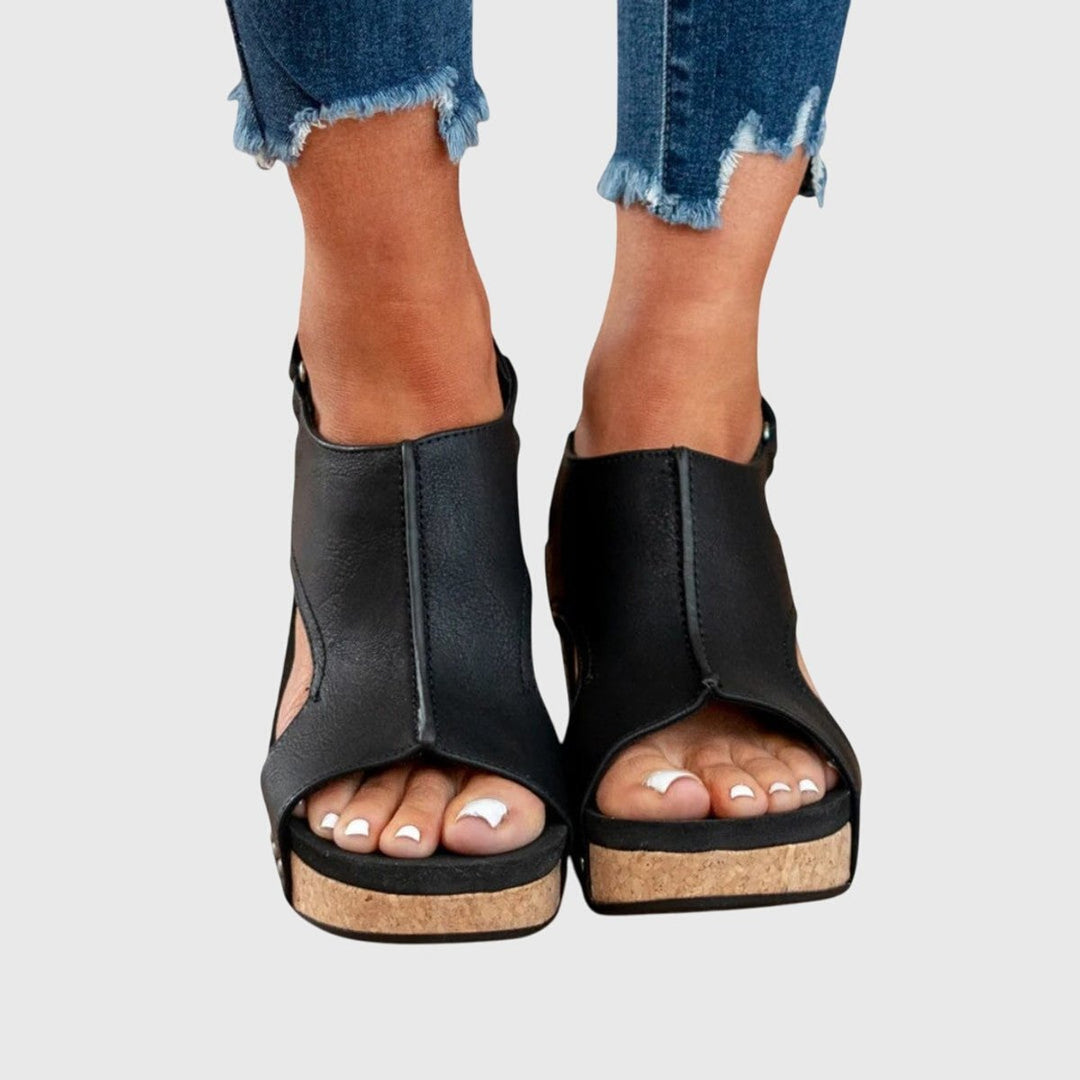 Women's Orthopedic Cork Wedge Slingback Comfortable Sandals - Black
