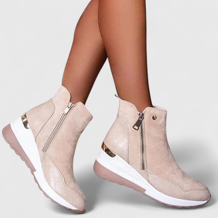 Women's Orthopedic Wedge Ankle Boots Side-Zip Sneaker Booties - Beige