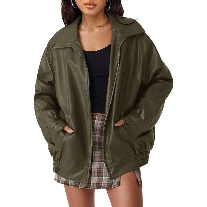 Women's Oversized Faux Leather Bomber Jacket Collared Zip-Up - Olive Green