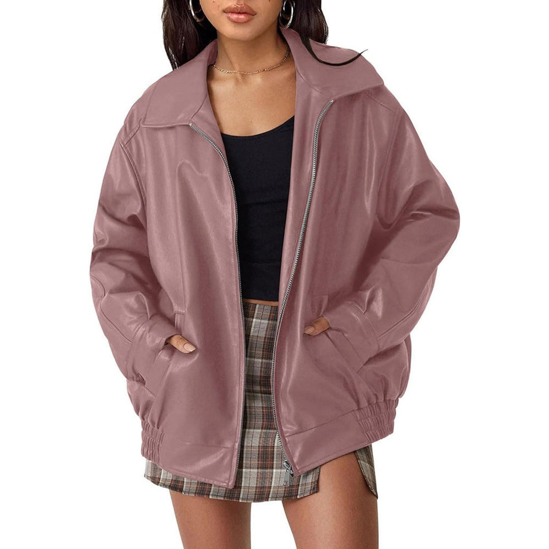 Women's Oversized Faux Leather Bomber Jacket Collared Zip-Up - Deep Rose