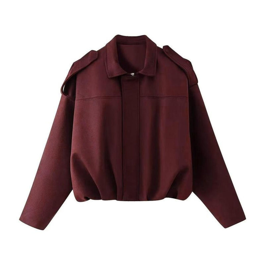 Women's Oversized Faux Suede Vintage Bomber Jacket - Burgundy