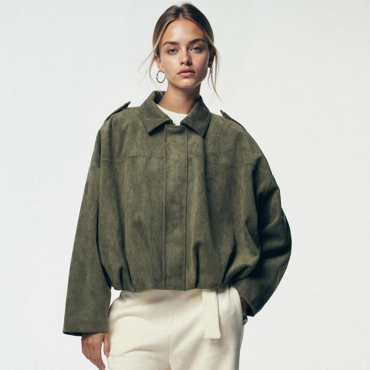 Women's Oversized Faux Suede Vintage Bomber Jacket - Olive