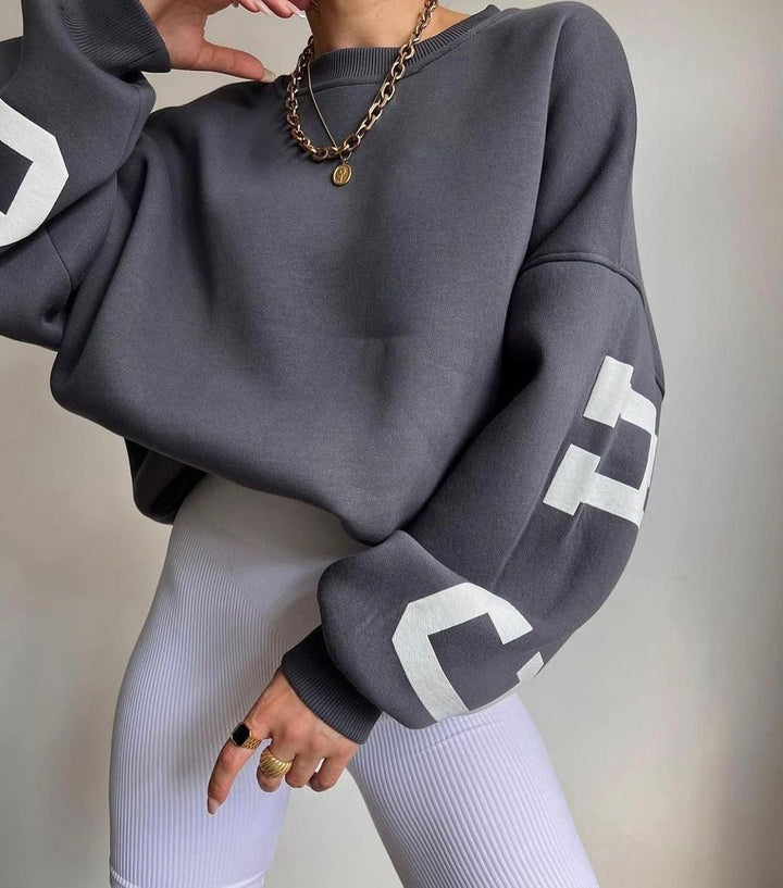 Women's Oversized Fleece-Lined Varsity Sleeve Crewneck Sweatshirt - Grey