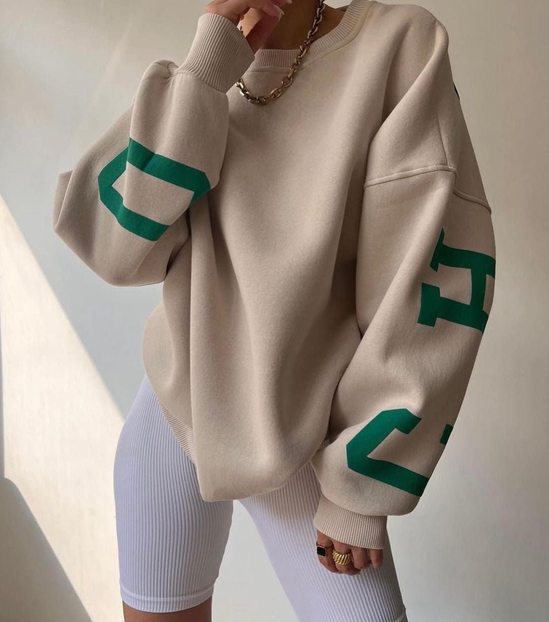 Women's Oversized Fleece-Lined Varsity Sleeve Crewneck Sweatshirt - Khaki