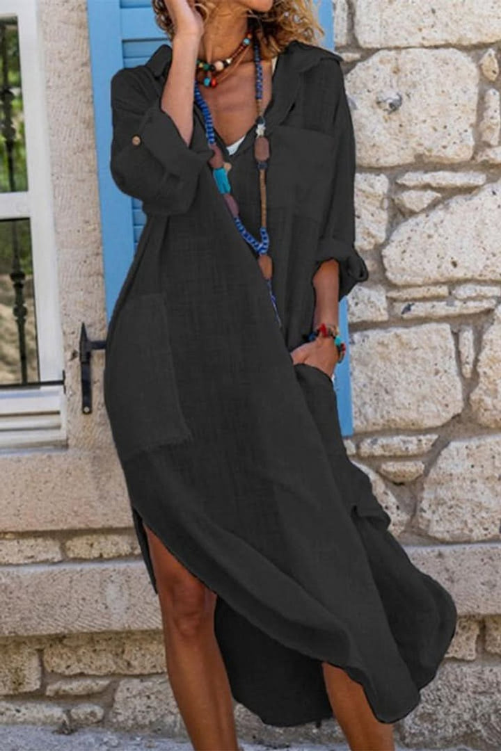 Women's Oversized Linen Midi Shirt Evening Gown Casual Dress - Black