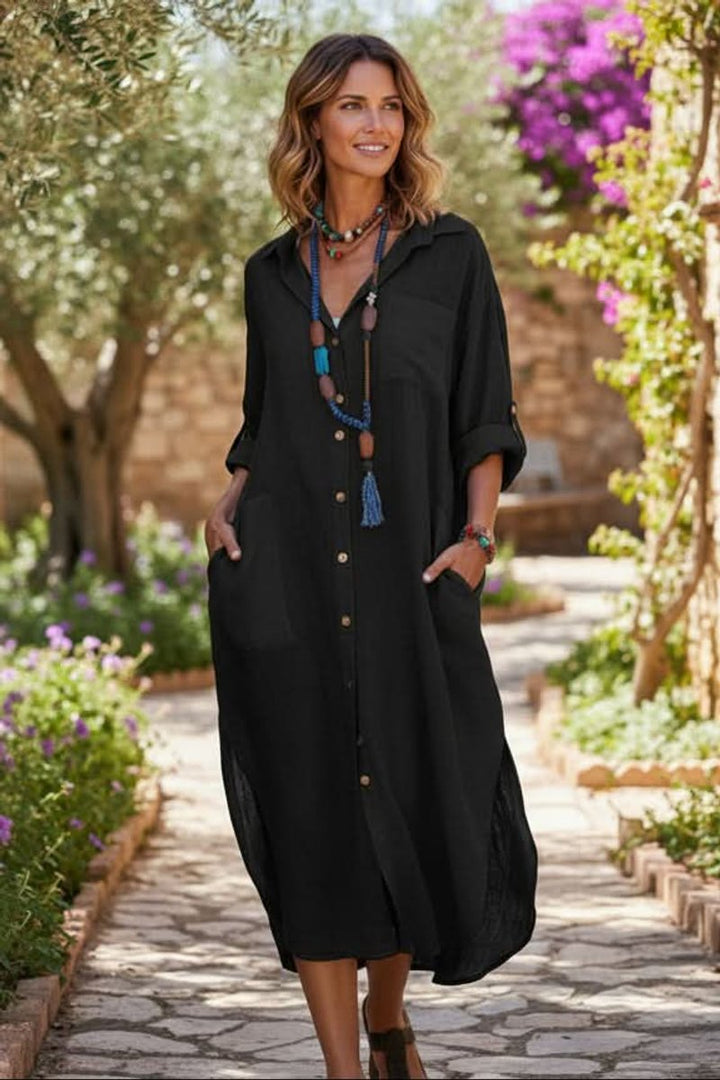 Women's Oversized Linen Midi Shirt Evening Gown Casual Dress