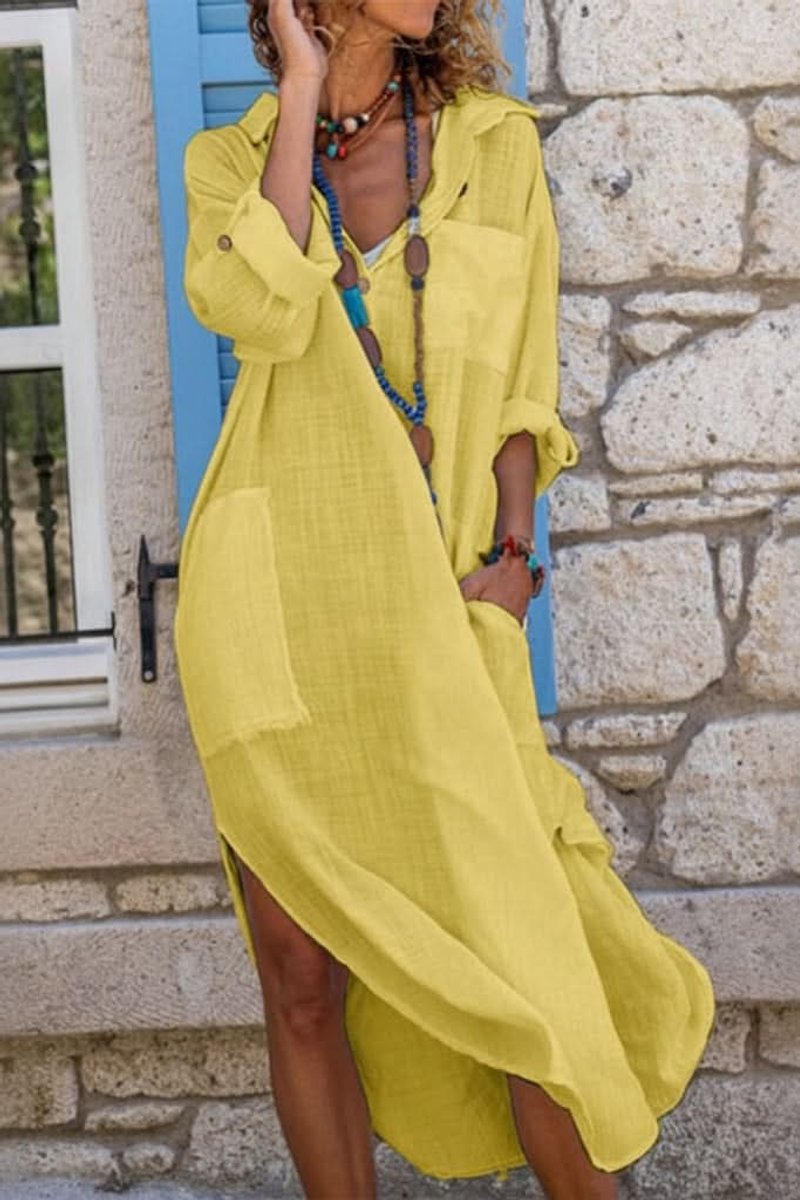 Women's Oversized Linen Midi Shirt Evening Gown Casual Dress - Yellow