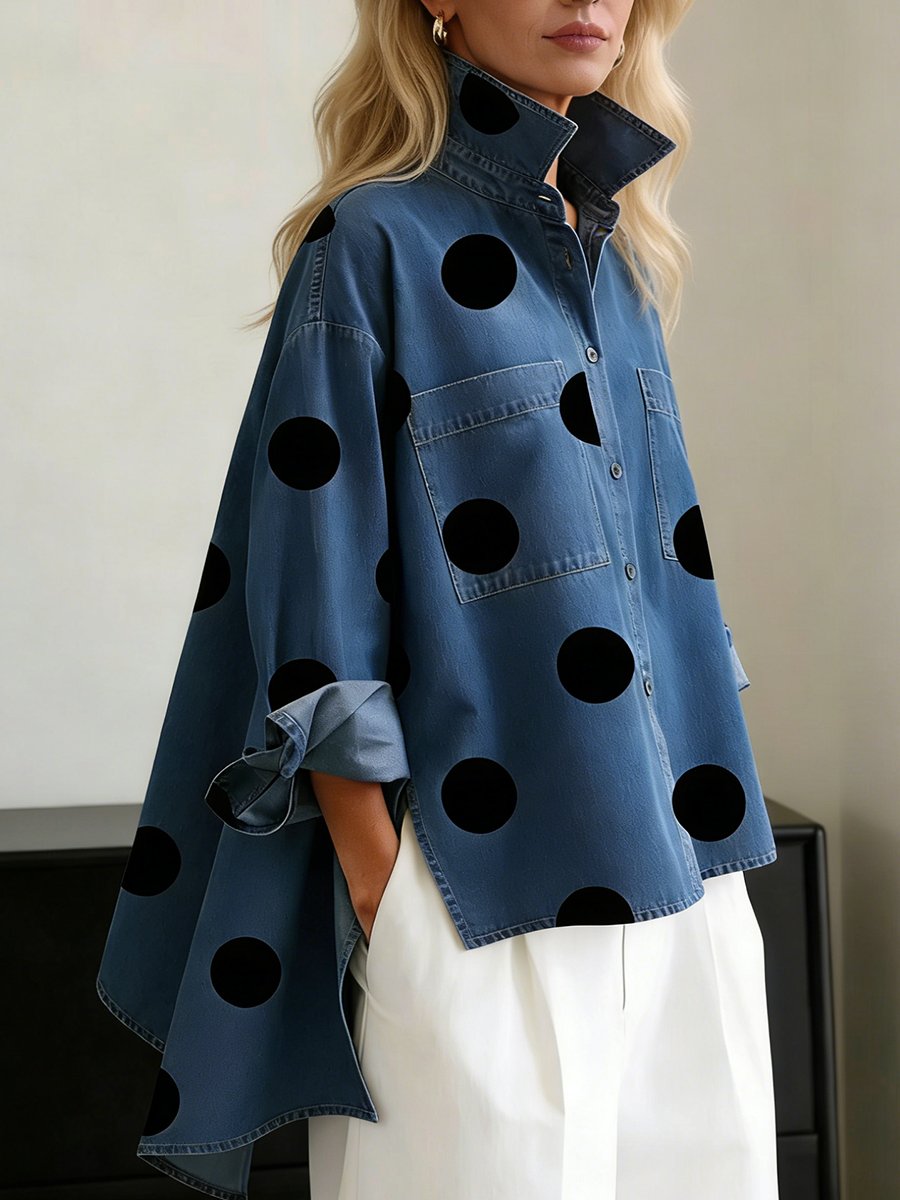 Women's Oversized Polka Dot Denim Long-Sleeve Button-Down Shirt - Blue
