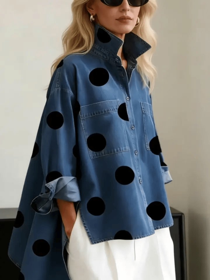 Women's Oversized Polka Dot Denim Long-Sleeve Button-Down Shirt