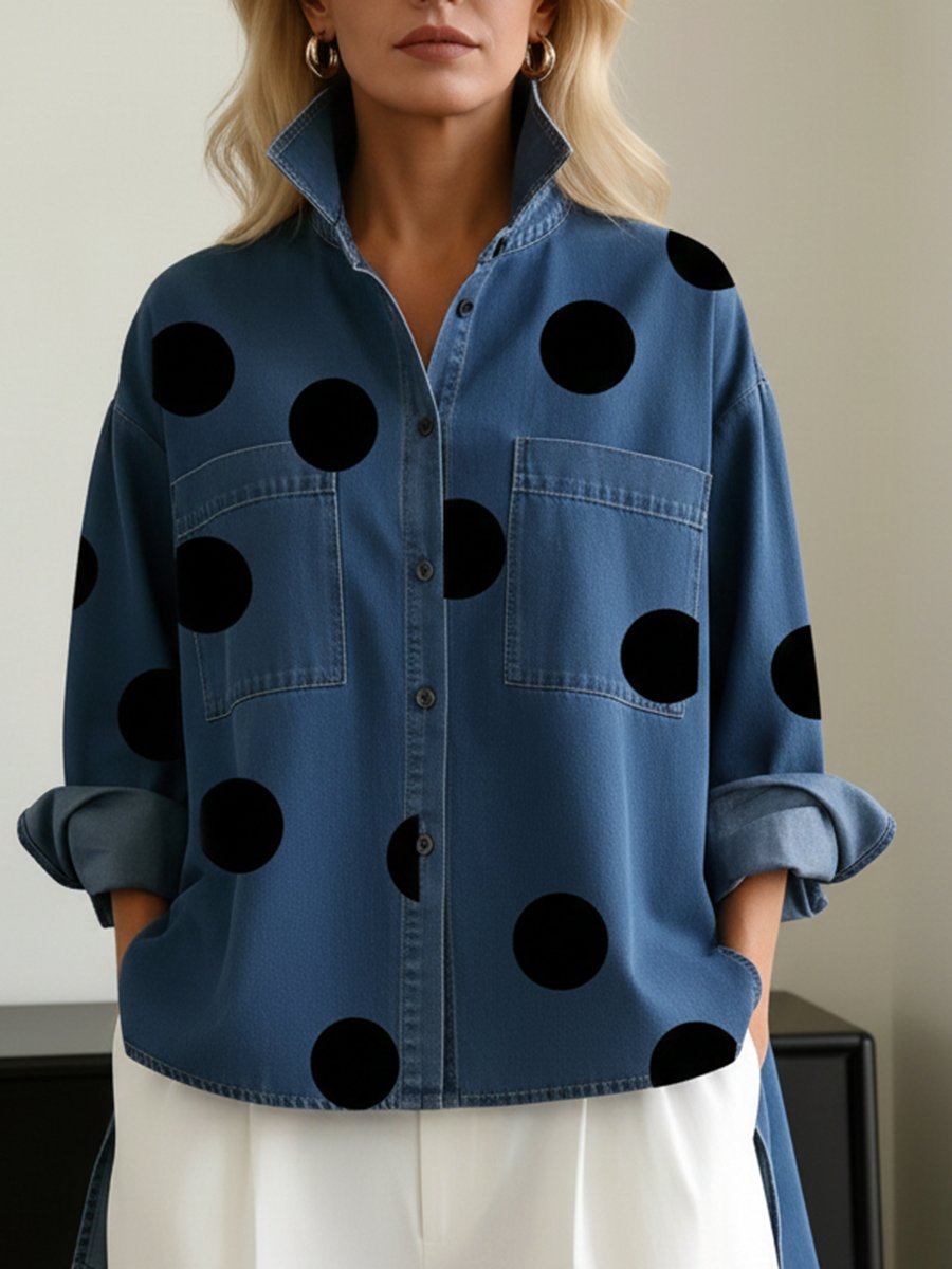 Women's Oversized Polka Dot Denim Long-Sleeve Button-Down Shirt