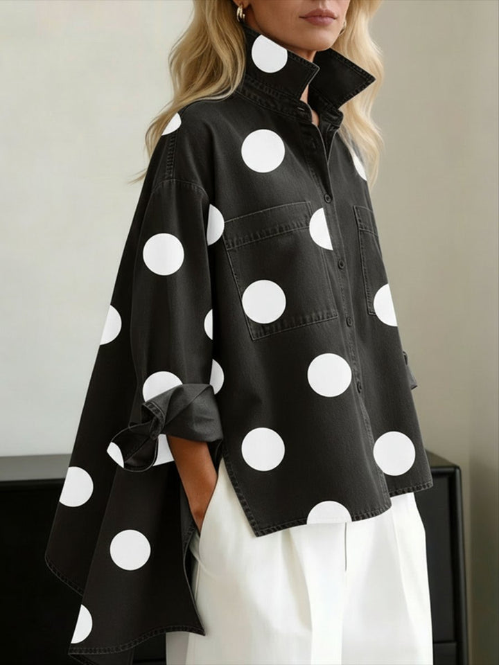 Women's Oversized Polka Dot Denim Long-Sleeve Button-Down Shirt - Black