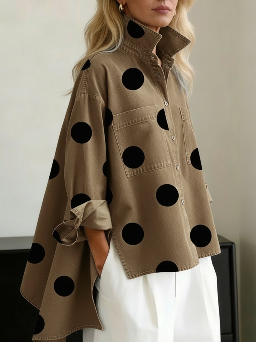 Women's Oversized Polka Dot Denim Long-Sleeve Button-Down Shirt - Khaki