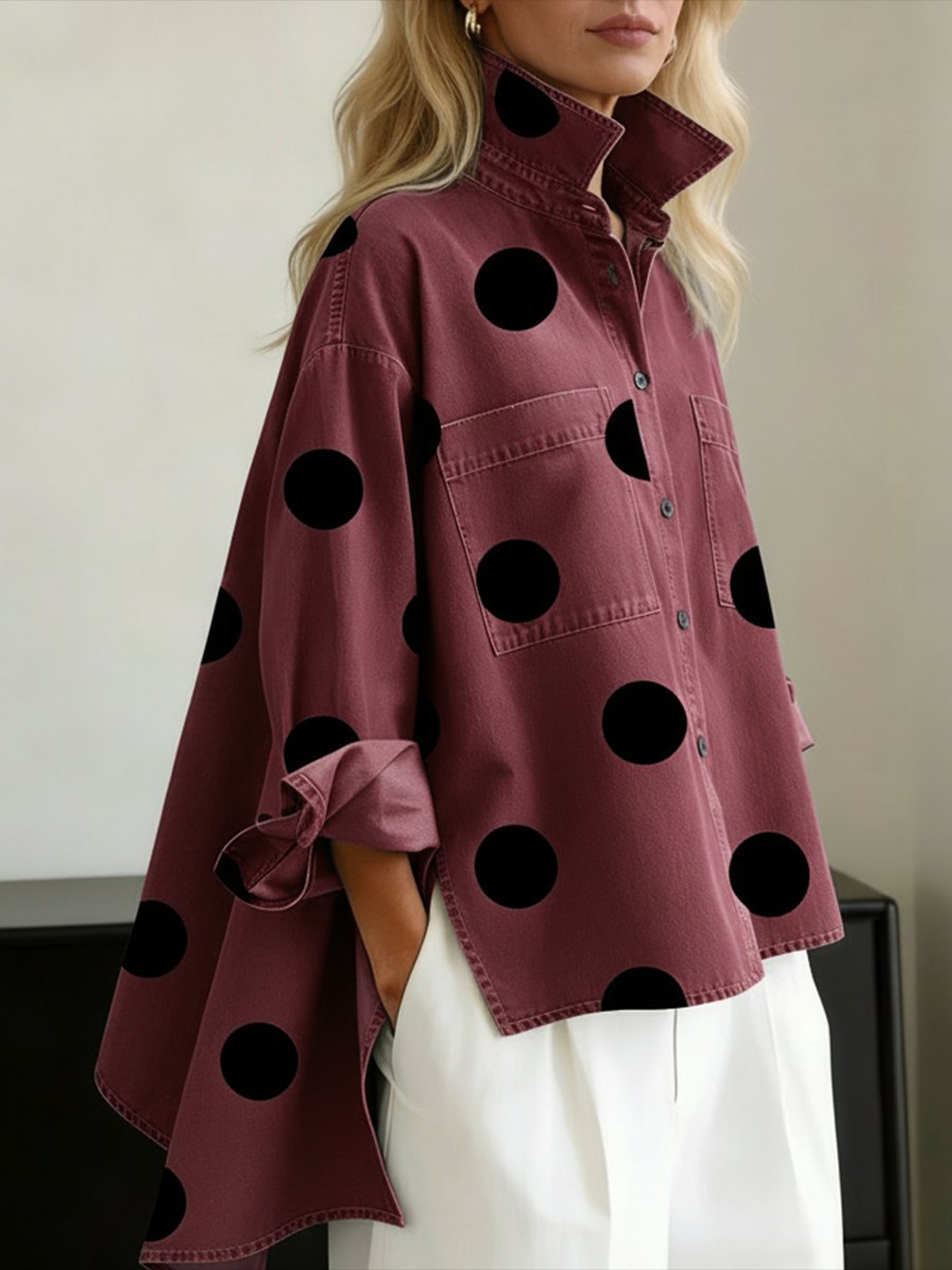 Women's Oversized Polka Dot Denim Long-Sleeve Button-Down Shirt - Red