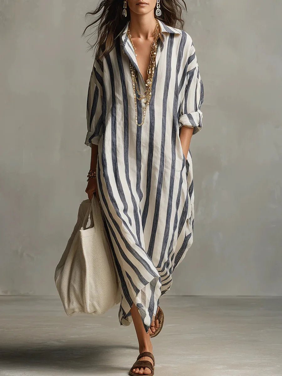 Women's Oversized Striped Linen-Blend Long-Sleeve Maxi Shirt Dress - Blue