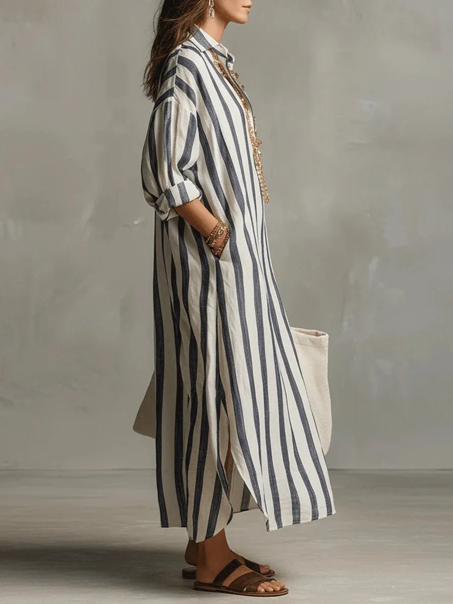 Women's Oversized Striped Linen-Blend Long-Sleeve Maxi Shirt Dress