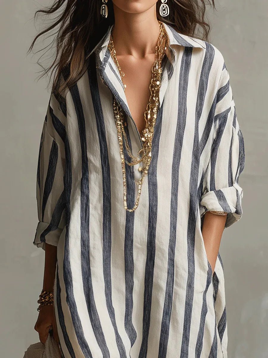 Women's Oversized Striped Linen-Blend Long-Sleeve Maxi Shirt Dress